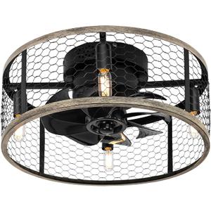 Ohniyou Caged Ceiling Fan with Light - 18'' Small Farmhouse Cage Ceiling Fan Remote Control, Flush Mount Rustic Ceiling Fan for Kitchen Bedroom (Wood 18'' E12x4)