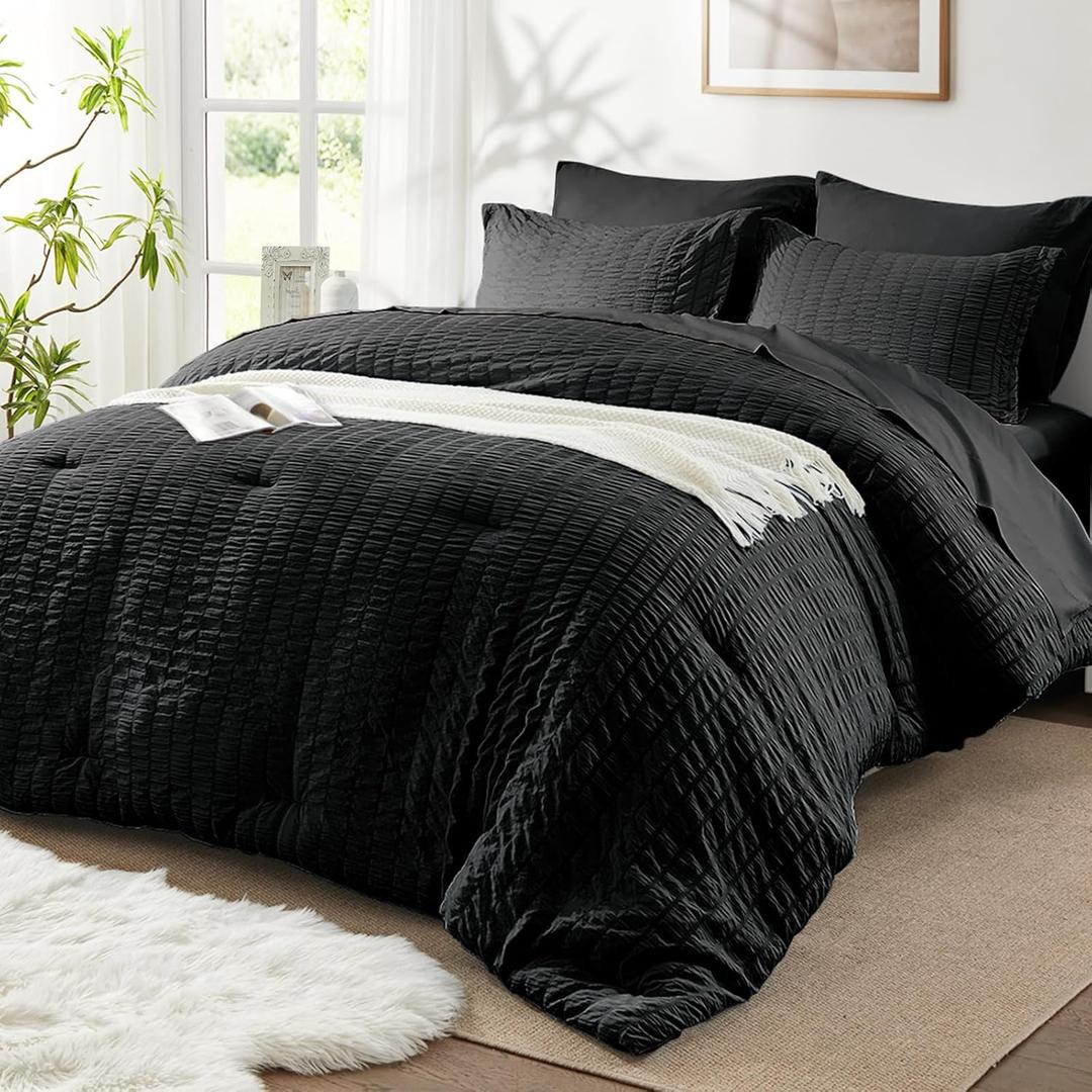 SunStyle Home Full/Queen Comforter Set 7 Pieces, Black Seersucker Bed in a Bag Lightweight Bedding Set, All Season Comforters with Flat Sheet, Fitted Sheet, Pillowcase and Pillow Sham, Black 