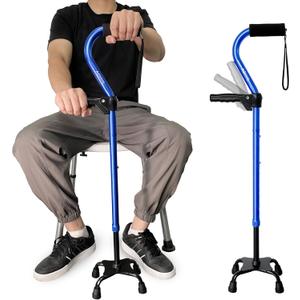 AOHHL Quad Walking Cane Foldable Adjustable Portable Stick Men & Women and Seniors - Lightweight & Sturdy with 4-Pronged Base for Extra Stability Balance,Self Standing Gifts for mom Dad (Blue)