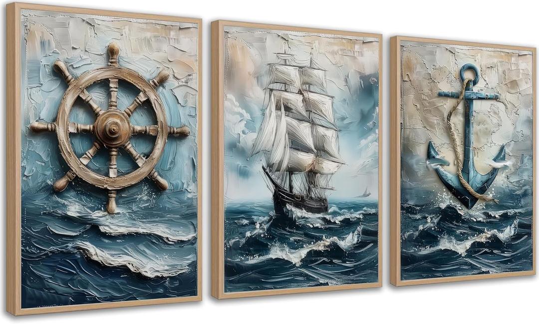 3pcs Vintage Nautical Canvas Wall Art Sailboat Rudder And Anchor Painting Pictures Nautical Coastal Posters Prints Wall Decor Antique Sailboat Nautical Artwork for Home Living Room Bedroom Unframed (16L''x12W''poster, blue)