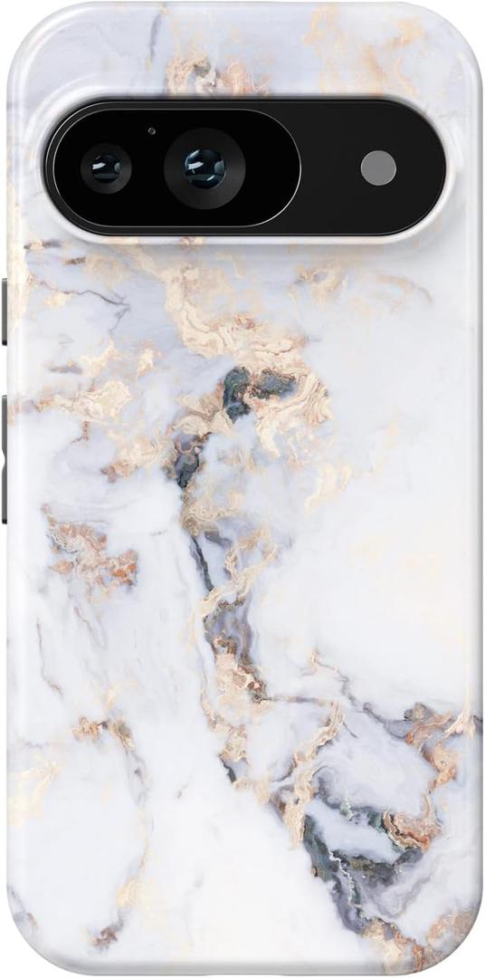 Compatible with Google Pixel 9/9 Pro Case, 2 in 1 Slim Heavy Duty Protection Hybrid Hard PC Soft Silicone Rugged Bumper Antiscratch Protective Case 6.3 inch (White Marble)
