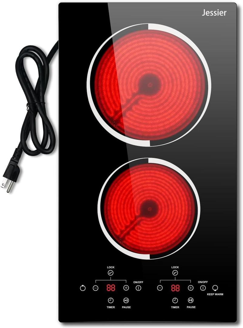 12 Inch Electric Cooktop - 2 Burner Countertop & Built-in Electric Stove Top, 120V Plug in Electrical Cook Top, Timer, Safety Lock, Over-Temperature Protection, Sensor Touch Control