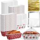 Teenyyou 50 Sets Christmas Paper Loaf Pan 6.3 x 2.2 x 2.2 Inch Mini Disposable Bread Pans with Clear Plastic Bags and Ties Rectangle Baking Mold Loaf Containers for Bread Cake Baking (Stylish Style)