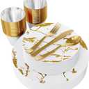 JOLLY PARTY 180PCS Disposable Dinnerware Set 30 Guest, 60 White and Gold Plastic Plates, 30 Plastic Silverware, 30 Cups, Marble Design Disposable Dinnerware for Wedding, Thanksgiving and Parties