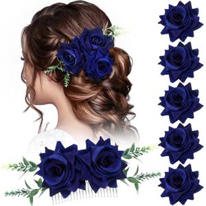 Geyoga Flower Hair Clip Set, 7 Pcs Rose Hair Accessories for Women Girls Wedding Dancing Party (Navy Blue)