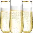 N9R 36PCS Plastic Champagne Flutes, 9 Oz Stemless Disposable Gold Rim Toasting Glasses, Crystal Clear Cocktail Cups Drinkware Shatterproof Ideal for Party Wedding Birthday