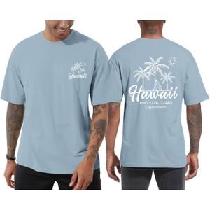 Pairxily Mens Graphic Tees Vintage Beach Vacation T Shirts Positive Vibes Tropical Printed Shirt Oversized Short Sleeve Tops(Light Gray Blue, M)