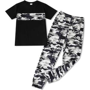 Boys 2 Piece Outfits Color Block Clothes Short Sleeve T Shirt and Camouflage Pants Summer Clothing Sets(9-10Y) (Brown)