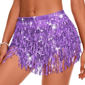 Durio Belly Dance Skirt Tassel Fringe Rave Skirt Party Sequin Tassel Skirt Belly Hip Scarf Festival Outfits for Women (One Size)