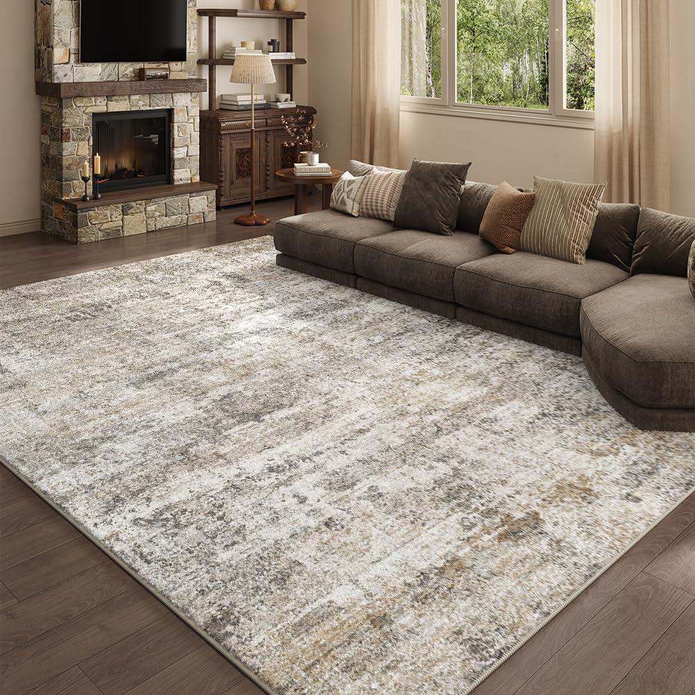 9x12 Grey Beige Washable Area Rug for Living Room, Vintage Print