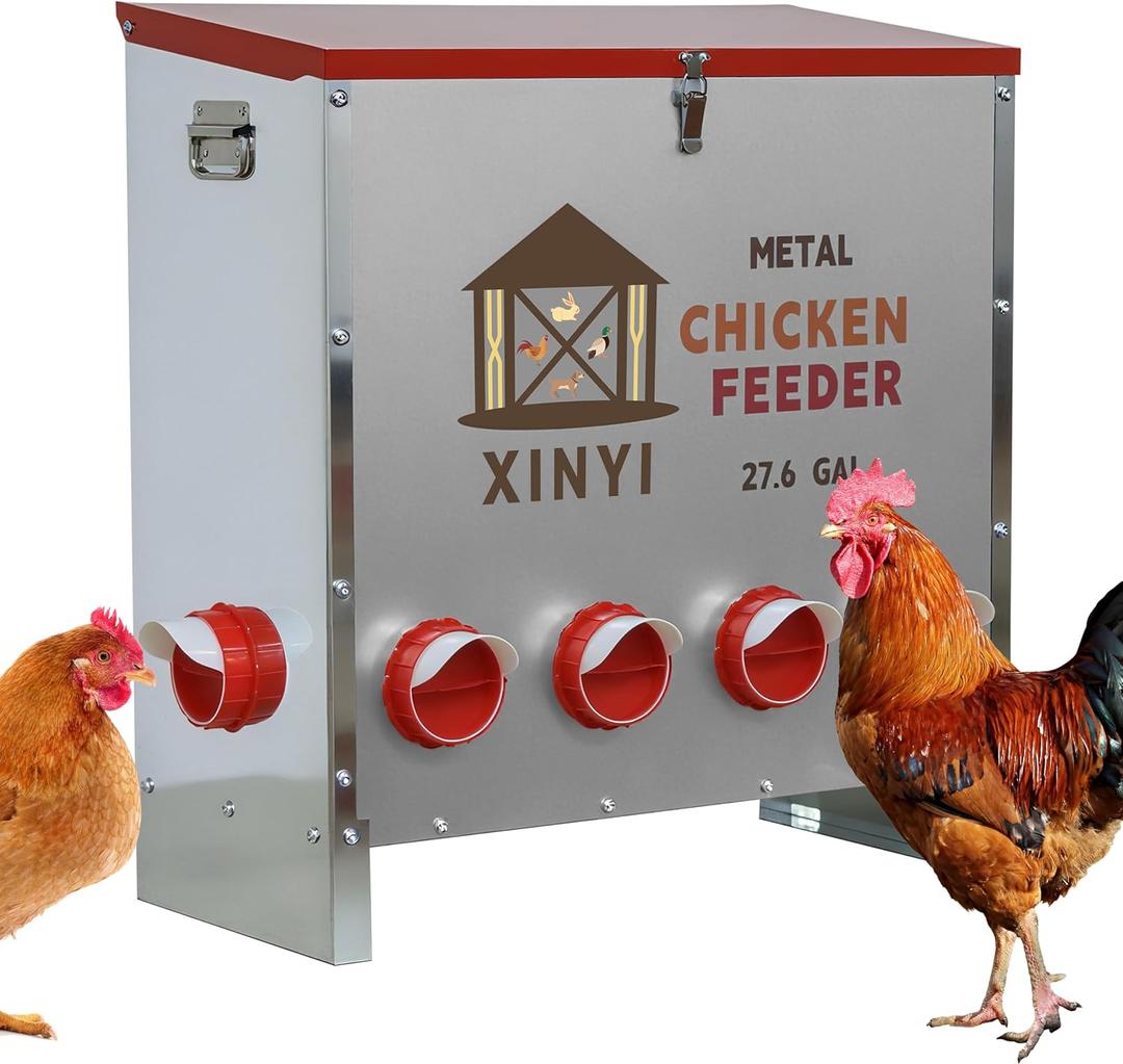 XINYI Automatic Metal Chicken Feeder, 27.6 Gallon Large Capacity with 10 No Waste Ports, Gravity Feeder with Locking Lid & Riveted Handles, Rodent Proof and Weatherproof for Your Chicken Coop