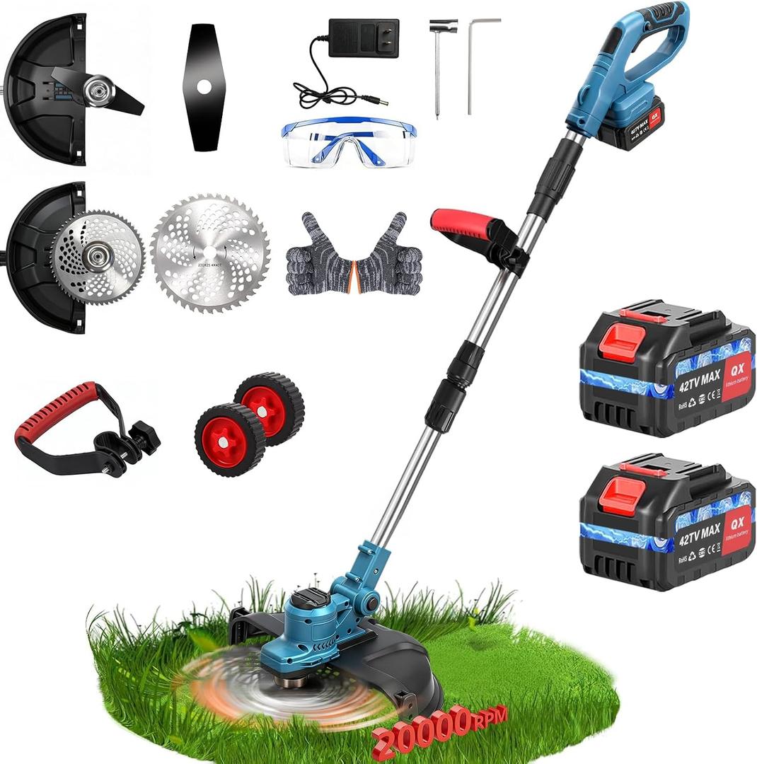 20000 RPM Electric Weed Wacker with Wheel,12 Brushless Cordless Weed Eater Battery Powered, String Trimmer/Brush Cutter/Grass Trimmer/Lawn Mower, Edger Weed Trimmer for Garden Yard Tool