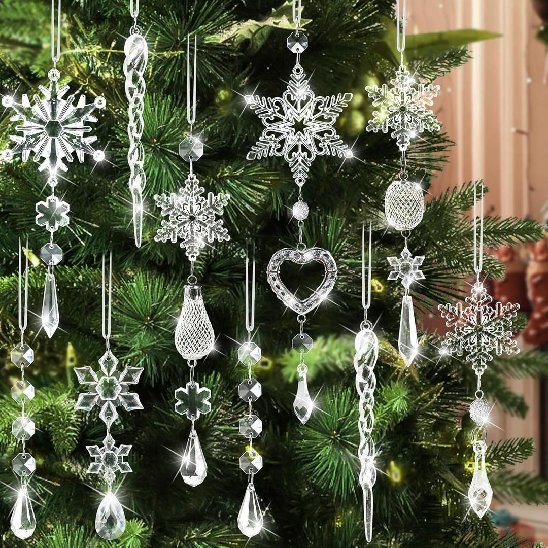 Crystal Ornaments Christmas Tree Decorations - 21pcs Christmas Tree Ornaments Sparkling Dazzling Festival Party Decoration Crystal Snowflake Design Hanging Ornament Holiday Season Home Decor (Transparent)