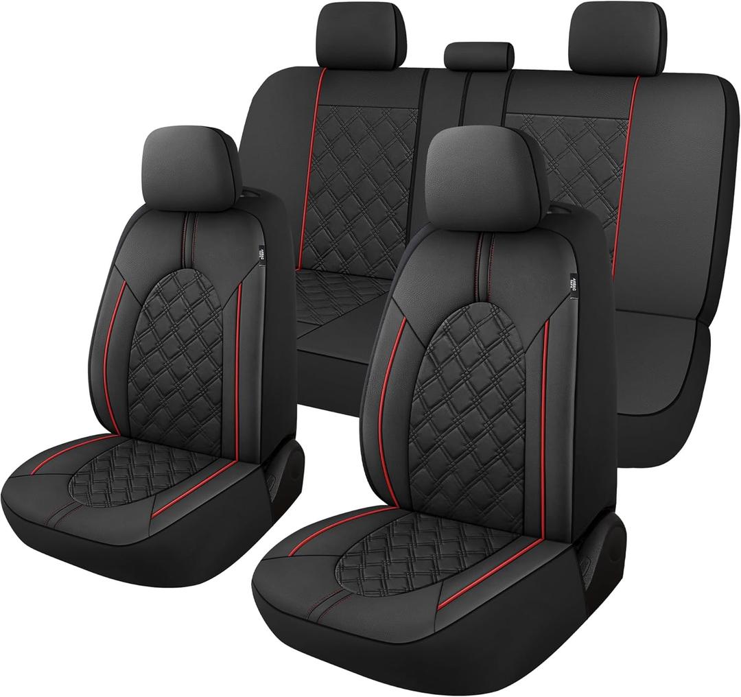 CAROMOP Luxury PU Leather Car Seat Covers Full Set-Waterproof Seat Protectors with Split Bench Seat Covers for Cars-Universal Cars Interior Covers for Sedans, SUVs, Pick-up Trucks (Black/Red Line)