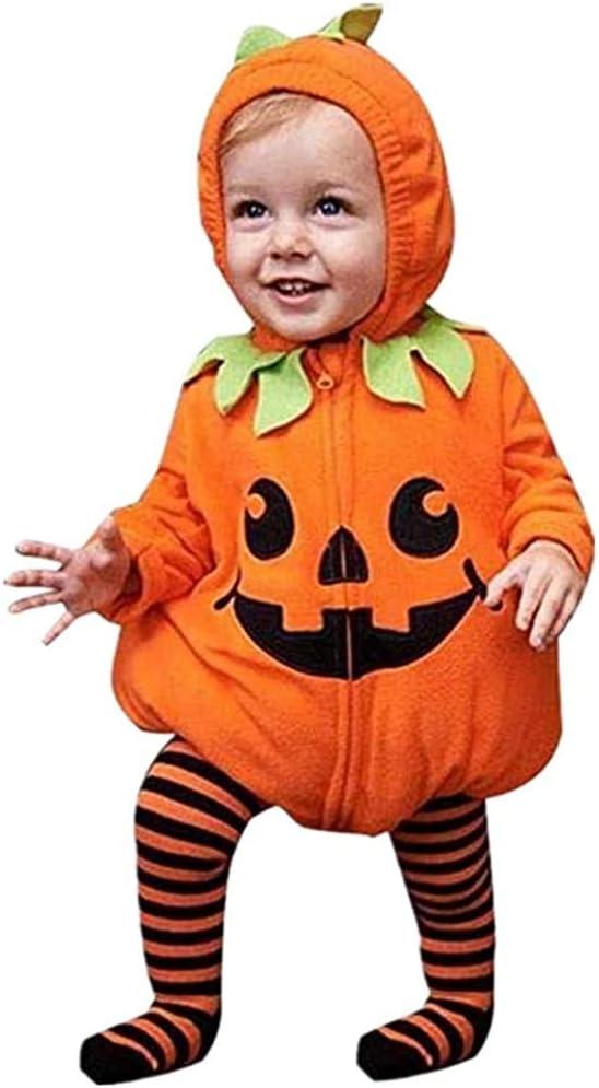 oneflow Newborn Toddler Baby Girl Boy Halloween Pumpkin Costumes Cute Hooded Romper Jumpsuit Outfit Clothes (0-6 Months, Orange Hoodie+stripe Pants, Size 70)