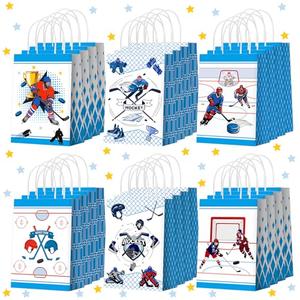 Kolldenn 24 Pcs Winter Hockey Party Favors Bags Hockey Gift Goodie Paper Bags with Handles Winter Sports Theme Candy Treat Pouch for Birthday Party Decorations Supplies