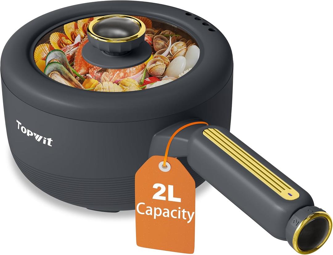 TOPWIT Hot Pot Electric, 2L Electric Pot, Non-Stick Saut Pan, Portable Cooker for Steak, Egg, Fried Rice, Ramen, Soup with Dual Power Control (Silicone Spatula Included), Grey (2.1 Quarts, Gray)