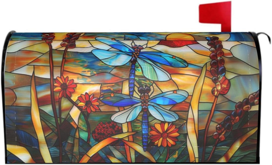 Stained Glass Dragonfly Mailbox Covers Magnetic Fall Mail Box Post Wrap Standard Size 18 X 21 Floral Spring Summer Mailing Boxes Seasonal Decorations for Autumn Thanksgiving Decor