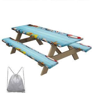 Summer Beach Picnic Table Cover with Bench Covers Blue Wooden Plank Fitted Rectangle Table Cover Outdoor Patio Camping Essentials 60 inch 3PCS Camping Fitted Tablecloth with Drawstring Bag (Multi Color)