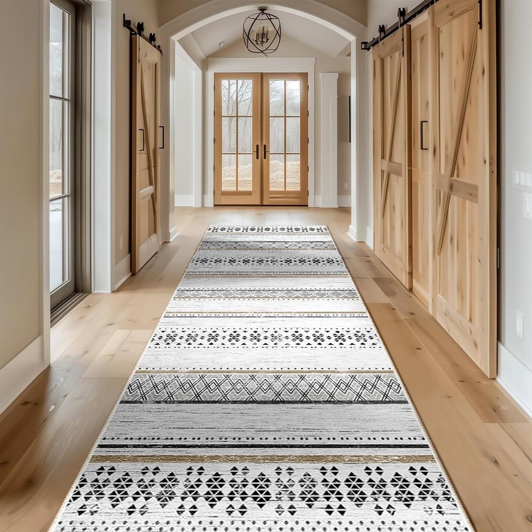 BESTSWEETIE 2x10 Area Rugs for Living Room Washable Moroccan Farmhouse Neutral Geometric Low Pile Non-Slip Soft Print Pattern Rug for Bedroom Kitchen Dining Room Entryway Black/Brown