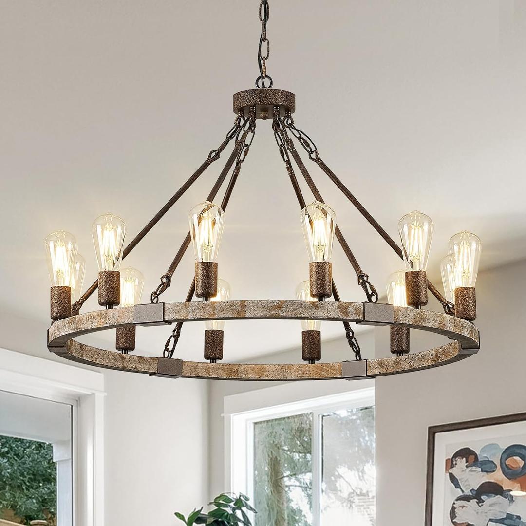 Farmhouse Wagon Wheel Chandelier 31" Wooden Chandelier Light Fixture 12-Light Rustic Chandeliers for Dining Room Living Room Entryway Foyer