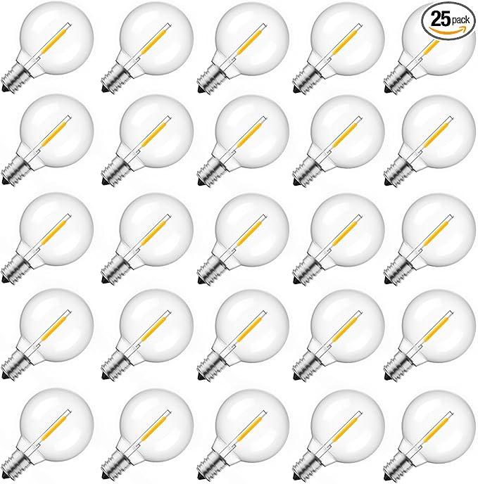 Brightown 25 Pack G40 LED Replacement Bulbs, E12 Base, 2200K Warm White, Shatterproof Waterproof Dimmable 1.5 Inch Globe Bulbs for Indoor & Outdoor Patio Backyard Home Lighting