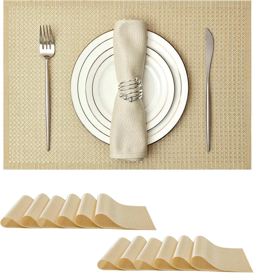 Leetaltree Sparkling Gold Sequin Woven Vinyl Placemats, Set of 12 - Waterproof & Washable Dining Table Mats for Wedding, Anniversary, Daily Use, Hand-Cut