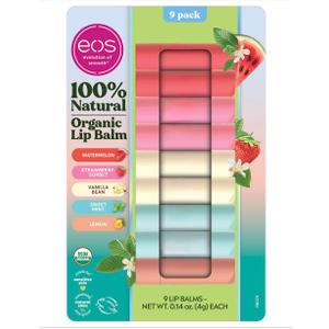 Organic Lip Balm, 9 Pack, Watermelon, Strawberry Sorbet, Vanilla Bean, Sweet Mint, Lemon, USDA Certified, 0.14 oz Each