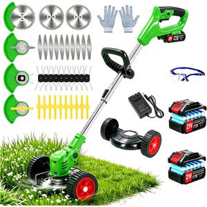 Electric Weed Wacker Battery Powered Weed Eater, 21V Cordless String Trimmer Battery Operated with Wheels & Metal Blades, Lightweight 4 in 1 Grass Trimmer/Brush Cutter/Lawn Edger/Mower for Garden Yard
