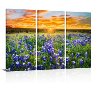 RnnJoile Bluebonnet Wall Art Large Texas Flower Field Sunset Picture Prints on Canvas Photographic Nature Landscape Painting Wall Decor 16"x32" for Each Piece