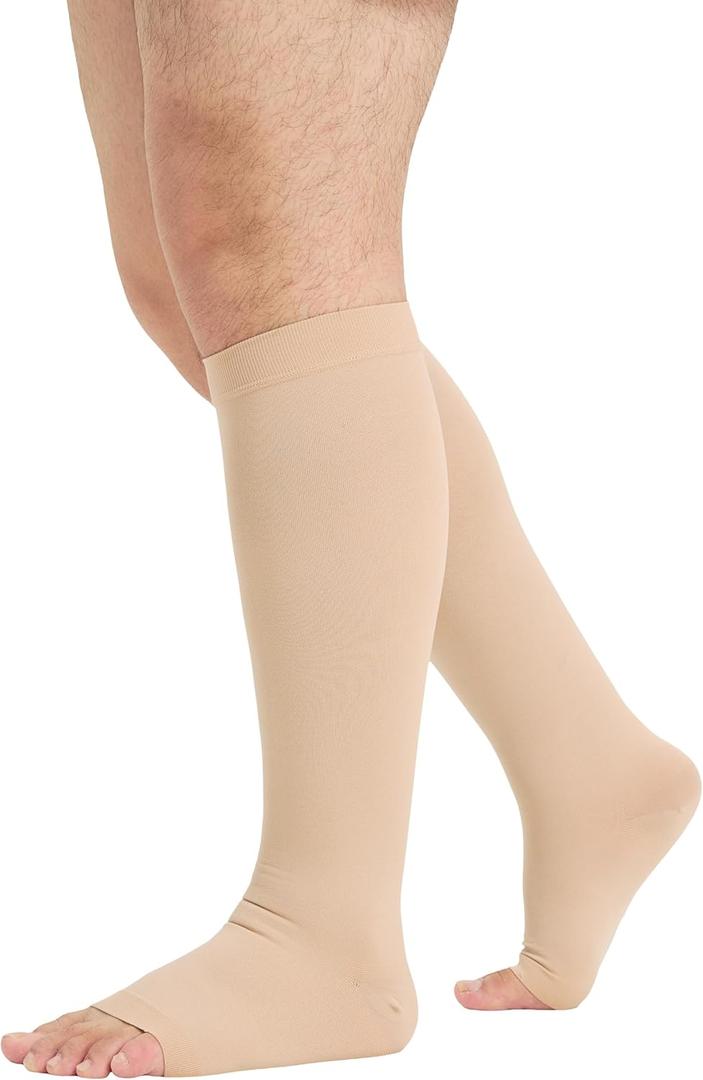 TOFLY Plus Size 4XL Open Toe Compression Stockings (Pair) for Women& Men 15-20mmHg Wide Calf Knee High Toeless Compression Socks Compression & Soothing Circulation Varicose Veins Swelling Edema Beige, Size: 4X-Large