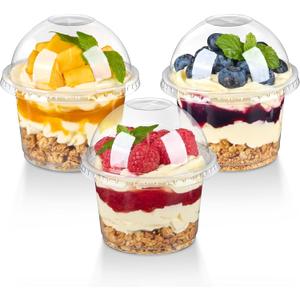 TOFLEN 100 Pack 8 oz Plastic Dessert Cups with Dome Lids, Clear Disposable Yogurt Parfait Cups with Lids, Individual Party Serving Snack Cups for Fruit Dessert Cake Pudding