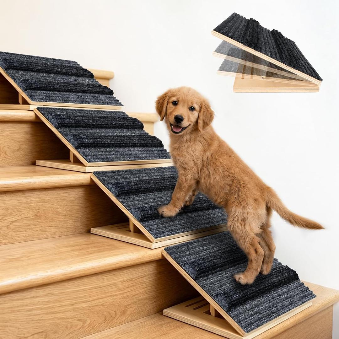 Upgraded Dog Ramps for Stairs, Adjustable Stair Ramp for Dogs (4.7"–7") | 15" Widened Portable Pet Steps with Non-Slip Pad, Wood Foldable Dog Stairs for Small & Elderly or Injured Pets Climb Safely