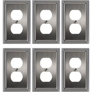 6-Pack Duplex Outlet Cover, Antique Silver Metal Wall Plates for Electrical Outlets, 1 Gang Receptacle Light Switch Cover, Pearls Beaded Decorative Switch Plates and Outlet Covers