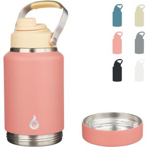 BJPKPK 64oz Insulated Water Bottles, Dishwasher Safe Half gallon Water Bottle with Metal Handle, BPA Free Spout Lid & Detachable Bowl, Large Stainless Steel Jugs, Pink
