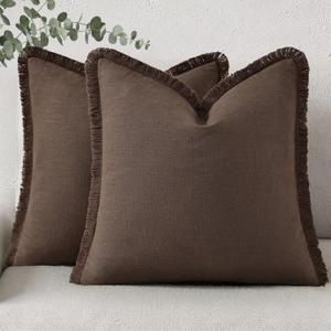 DecorUhome Summer Decorative Neutral Linen Fringe Euro Sham Throw Pillow Covers Set of 2 Chocolate Pillow Covers with Tassels Soft Farmhouse Boho Accent Pillow Cases for Couch Bed Sofa 26x26 Inch