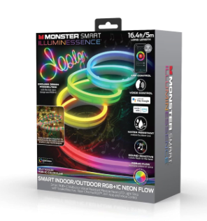 Monster 16.4ft Neon Flow Indoor/Outdoor Multi-Zone LED Light Strip, Create Unique Multicolor Lighting With App, Flexible, Waterproof, Works With Alexa/Google Assistant/Siri, Mounting Clips Included