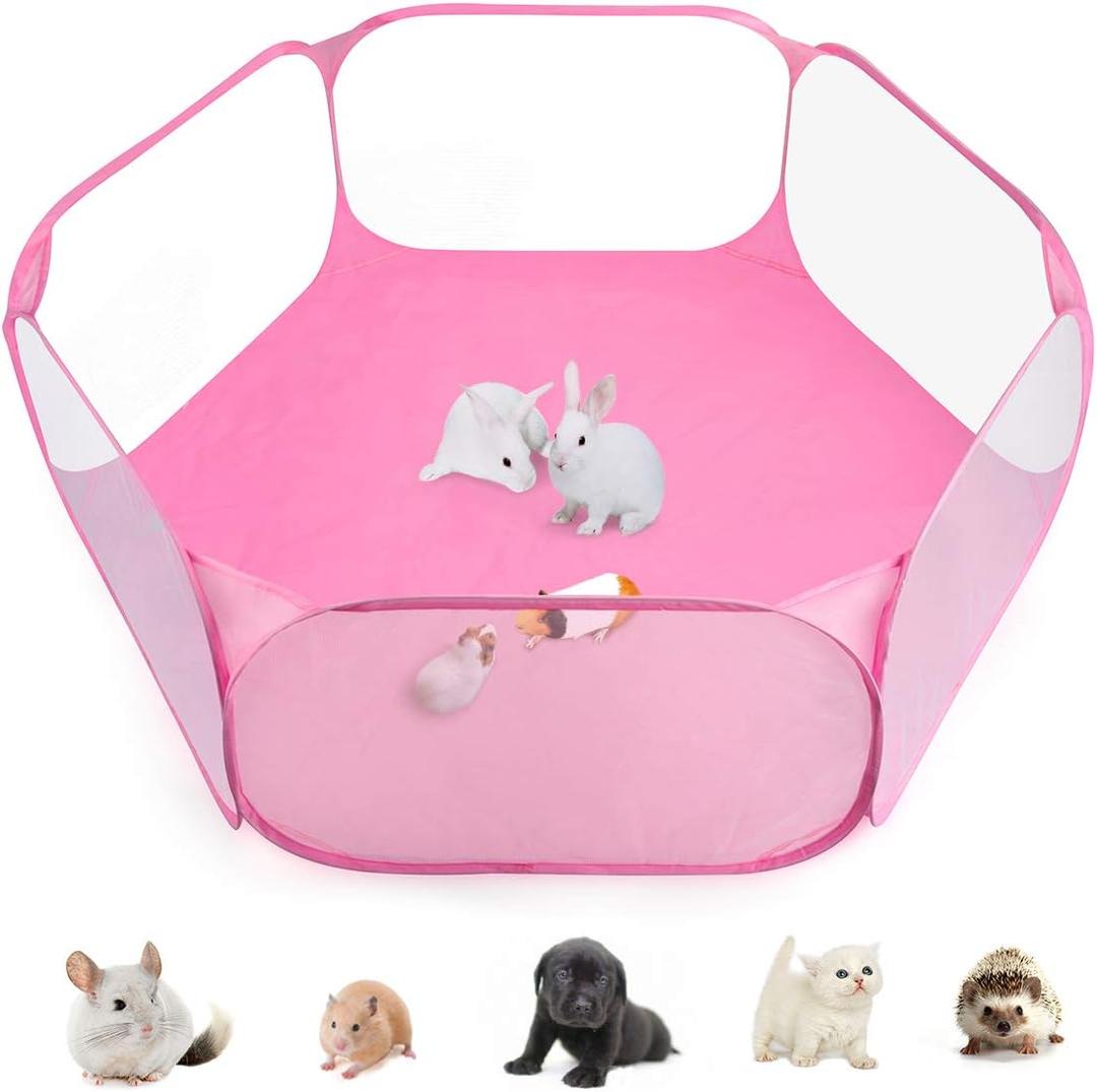 Guinea Pig Cage Rabbit Cage Indoor with Mat Playpen Perfect Size for Small Animal Pet Play Pen Easy to Clean Exercise Yard Fence Portable Tent for Hamsters, Chinchillas, Hedgehog, Puppy, Cats (Pink)