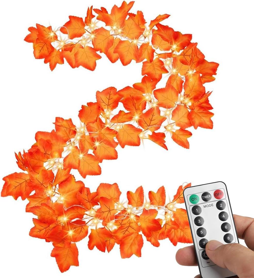 2 Pack Fall Lights - 26Ft 80LED Thanksgiving Decorations with 8 Lighting Modes & Timer - Enlarged Maple Leaves - Battery Operated Waterproof Lights for Indoor & Outdoor Autumn Decor