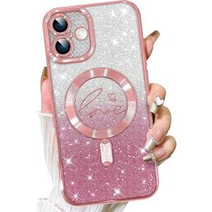 Fiyart Designed for iPhone 16 Plus Case, Compatible with MagSafe Love Hearts Plating Camera Protection TPU Magnetic Glitter Shockproof Phone Bumper for Women Girls 6.7"-Pink