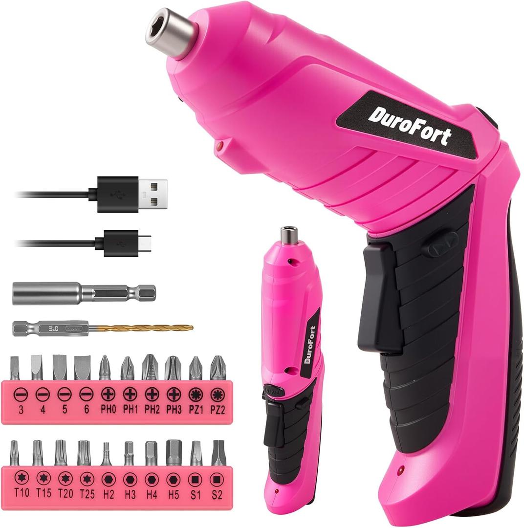 Pink Cordless Electric Screwdriver Set, 3.7V Rechargeable Small Electric Drill with 25pcs Driver Bit Set, Power 3Nm Screw Gun with 2 Position Handle, Flexible Shaft LED Light for Women