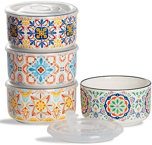 Chubacoo Ceramic Bowl with Lid: Microwave Safe Soup Containers Set of 4 for Meal Prep, Cereal, Salad, Picnic, Camping, Office Lunch, Kitchen Food Storage - 5 Inch, 20 oz, Design B
