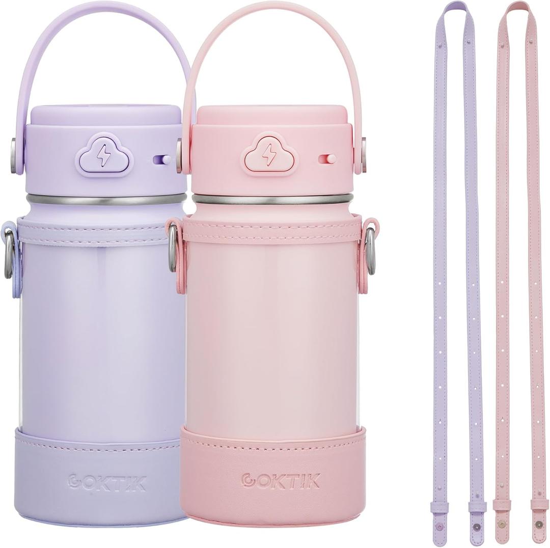 COKTIK 2 Pack Kids Water Bottle with Straw, 14oz Insulated Stainless Steel Tumbler, Leak-Proof Locking Lid for School, Lunchbox, Outdoor Sports, Case with Shoulder Strap(2 Pack, Pink+Purple)