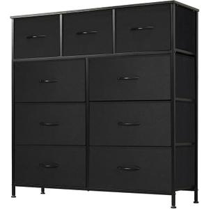 DUMOS Dresser for Bedroom, Storage Organizer with 9 Drawers, Chest of Drawers with Fabric Bins, Sturdy Metal Frame, Wood Tabletop for Guest Room, Closet, Entryway, Black