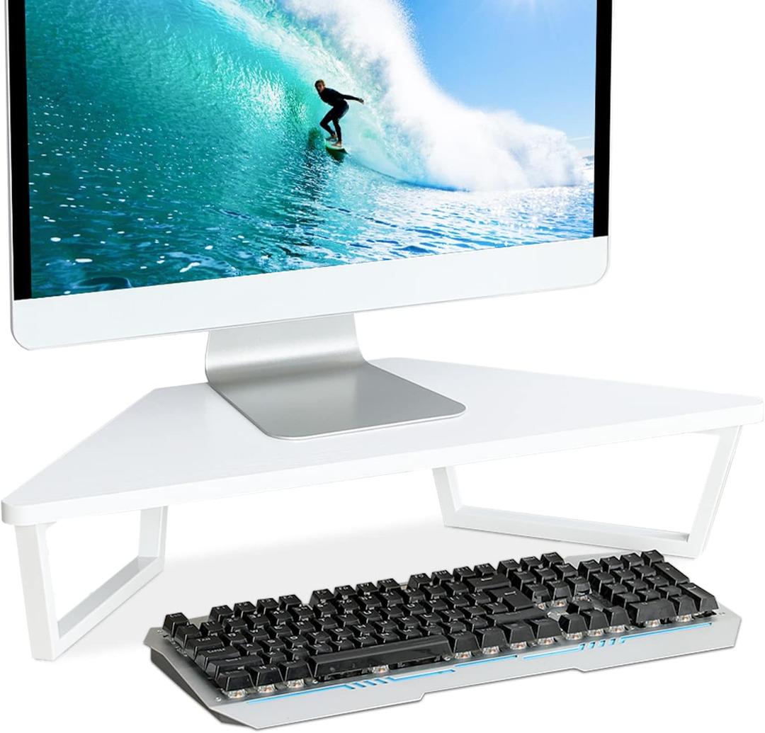 TEAMIX 26 inch White Triangle Monitor Stand Riser, Desktop Corner Shelf with Metal Leg Wood Computer Stand with Storage Laptop Riser Office Organization