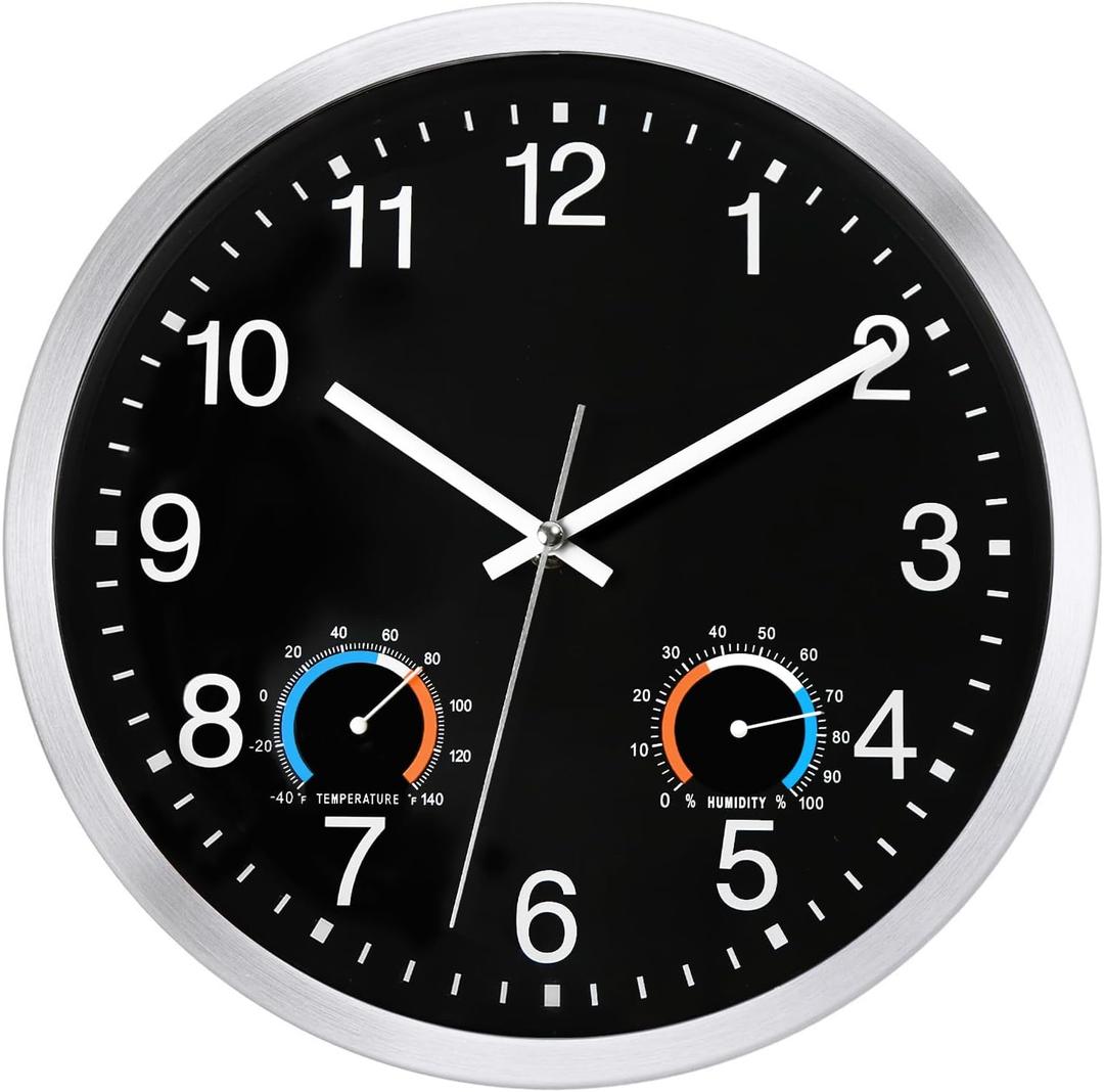Caysie 12 Inch Indoor Outdoor Clocks Waterproof with Thermometer and Hygrometer Combo, Silent Battery Operated Quartz Metal Wall Clock for Patio Pool Bathroom Home (Black)