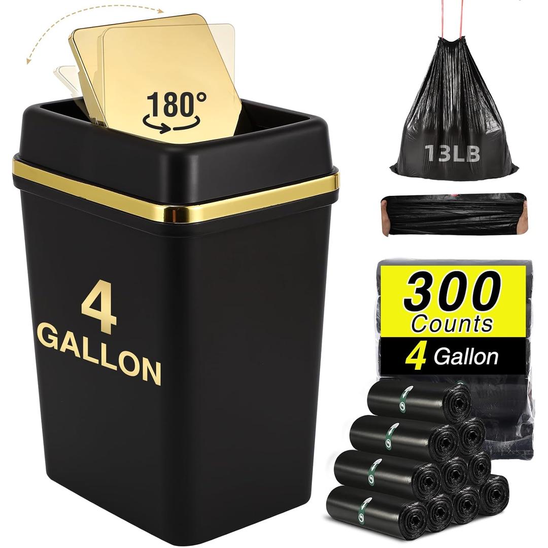 Bathroom Trash Can with Lid 4 Gallon Trash Can with Swing Lid Small Garbage Can Black Bathroom Trash Can with 300 Counts Trash Bags for Kitchen Bedroom Office Dorm