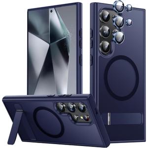 Stand for Samsung Galaxy S24 Ultra Case, Compatible with MagSafe, Built-in Kickstand, Camera Lens Protector, Translucent Matte Slim Silicone Shockproof Hard Back Phone Cover, Blue