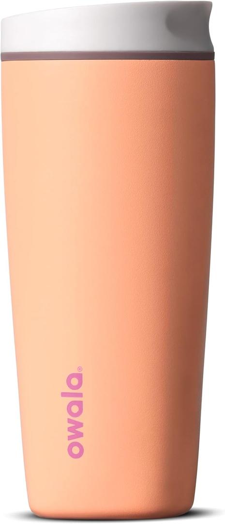Owala SmoothSip Slider Insulated Stainless Steel Coffee Tumbler, Reusable Iced Coffee Cup, Hot Coffee Travel Mug, BPA Free 30 oz, Peachy Keen