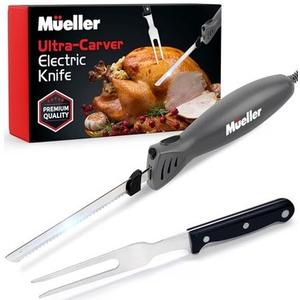 Mueller Ultra-Carver Electric Knife for Carving Meats, Poultry, Bread, Crafting Foam. Stainless Steel Blades, Powerful Motor, Ergonomic Handle, One-Touch On/Off Button, Serving Fork Included, Gray
